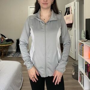 Gray and white dri-fit zip up athletic jacket
